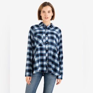 BDG Oversized Navy and White Plaid Shirt - Size M